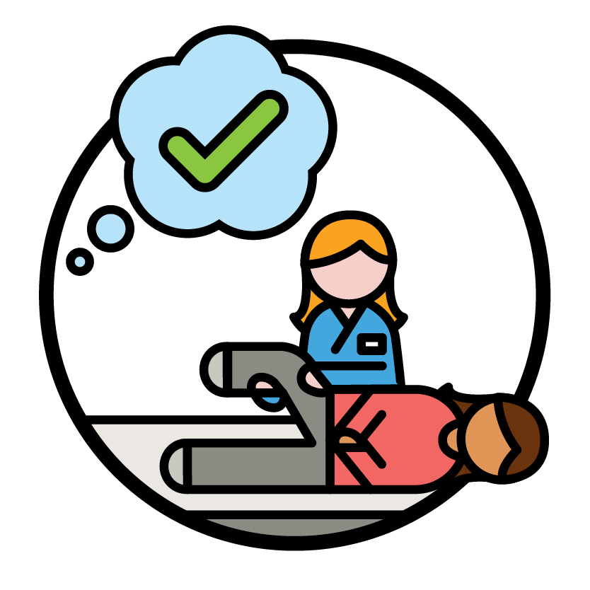 A support worker helping a person with physical therapy. Next to them is a thought bubble showing a tick.