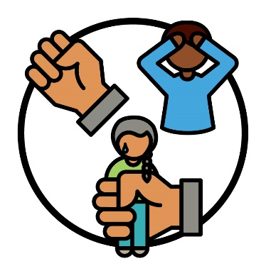 A set of 3 icons. The icons are a fist, someone with their hands on their head and a hand closed around a person who looks upset.