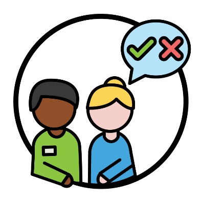 A support person helping someone make a decision. 