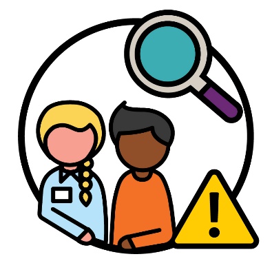 A Reference Group member having a conversation with an NDIA worker. Above the community member is a magnifying glass. Next to the community member there is a problem icon.