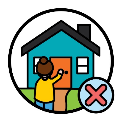 A person approaching a house next to a cross icon. 