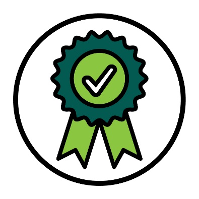 A green ribbon with a tick. 