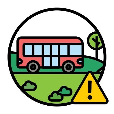 A bus driving through a landscape with a problem icon next to it. 