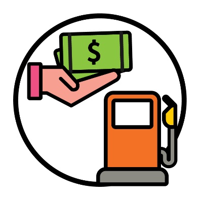 A fuel pump with a person holding money on top of it. 