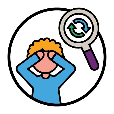 A worried participant next to a change icon in a magnifying glass. 