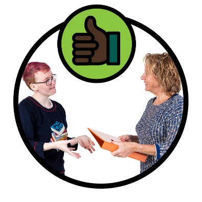 A participant and NDIA worker having a conversation. Above them is a thumbs up icon. 