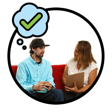 An NDIA worker and participant having a conversation. Above them is a green tick in a thought bubble. 