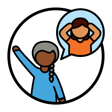 A person raising their arm next to an image of a stressed person in a speech bubble. 