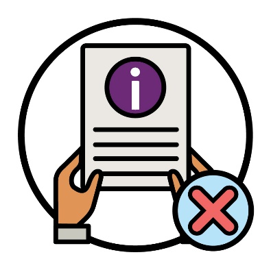 A hand holding a document with an information icon on it. There is a cross icon next to the document.