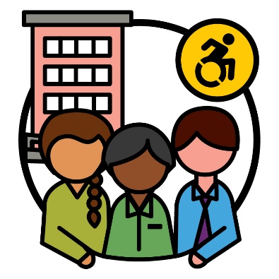 3 people in front of a building with the disability icon above them. 