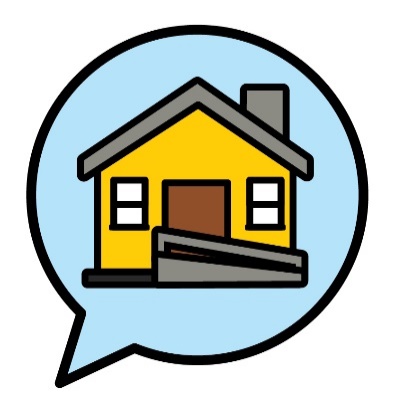 A house inside a speech bubble. 