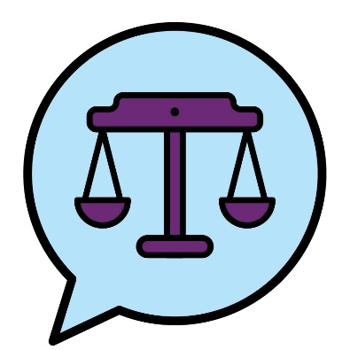 Balanced scales inside a speech bubble. 