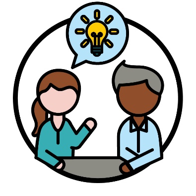 2 people talking. Above them is a speech bubble showing a lightbulb icon. 
