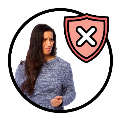 A worried person next to a red shield symbol with a cross. 