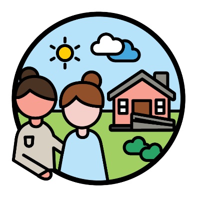 A person supporting a participant in front of a house with an accessible ramp.