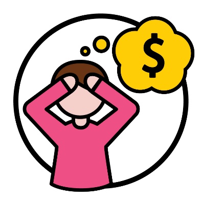 A person looking stressed next to a thought bubble with a dollar sign in it.