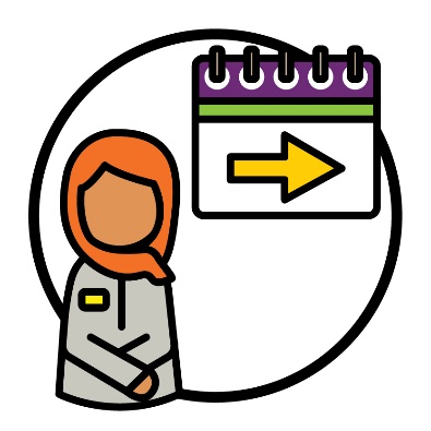 A support worker next to a calendar with an arrow pointing to the right.