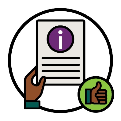 A hand holding a document with an information icon on it. There is a thumbs up icon next to the document.