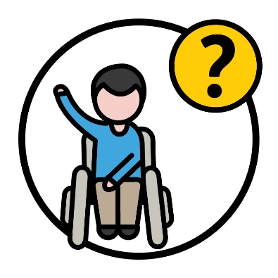 A person with disability raising their hand next to a question mark.