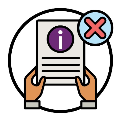 A pair of hands holding a document with an information icon on it next to a cross.