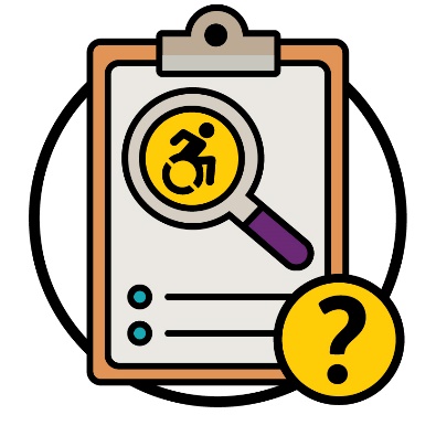 A document showing a disability icon inside of a magnifying glass. There is a question mark next to the document.