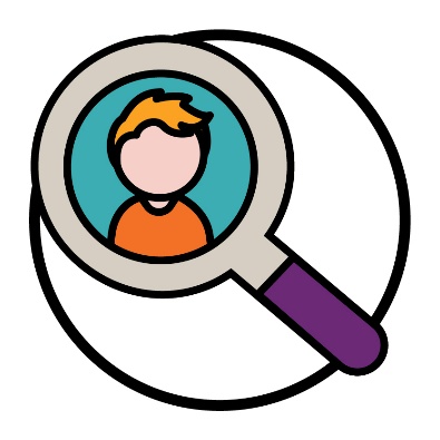 A magnifying glass showing a person through the lens.