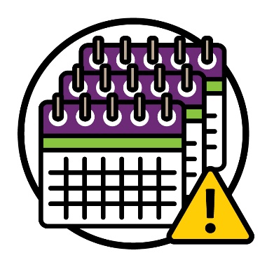 A stack of 3 calendars next to a problem icon.