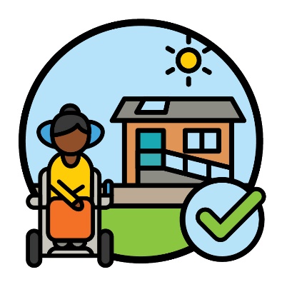 A participant next to a tick. There is a house with a ramp in the background.