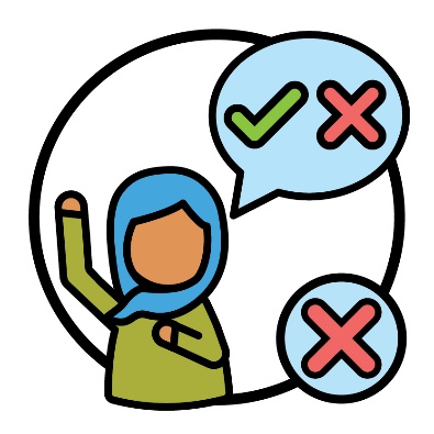 A person raising their hand next to a decision icon and a cross.