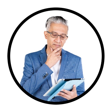 A person thinking and looking at an electronic tablet.