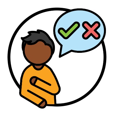 A person pointing to themself next to a decision icon.