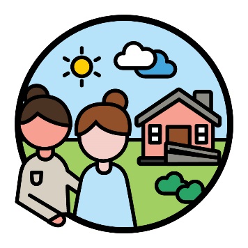 A person supporting a participant in front of a house with an accessible ramp.