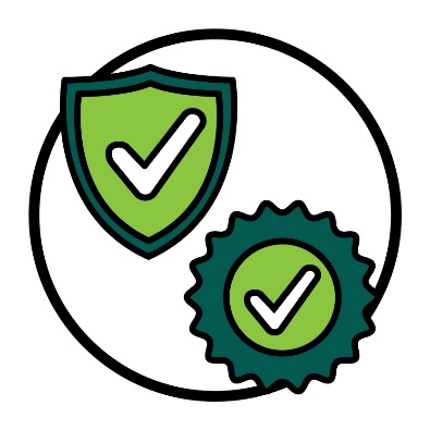 A safety icon and a quality icon.