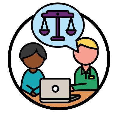 An NDIA worker and another person looking at a laptop together. The worker has a speech bubble above them showing a balanced scale.