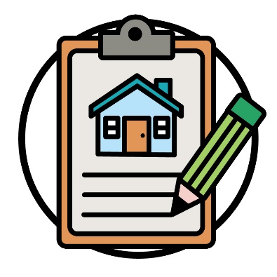 A clipboard with a document that has a house icon on it. There is a pencil writing on the clipboard.