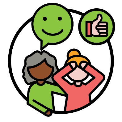 A person supporting someone who looks stressed. Above them is a speech bubble with a smiley face in it and a thumbs up icon.