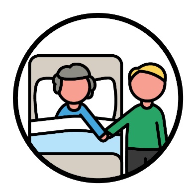 An older person in a hospital bed holding hands with another person.