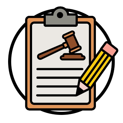 A clipboard with a document that has a judge's gavel icon on it. There is a pencil writing on the clipboard.