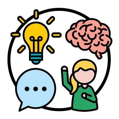 4 icons. A lightbulb, a brain, a speech bubble and a person with their hand raised.