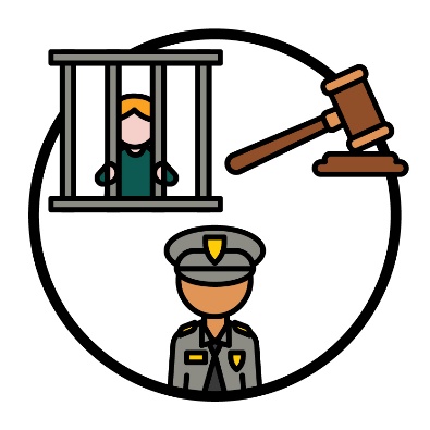 A person in a prison, a judge's gavel, and a police officer.