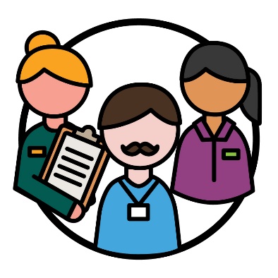 3 different providers. 1 has a clipboard, 1 is a carer and the other provider is wearing a name badge.