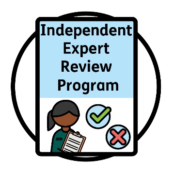 A document titled 'Independent Expert Review Program', showing a person holding a clipboard with a tick and cross beside them.