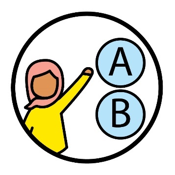 A person pointing their arm up with a circled A and circled B option beside them.