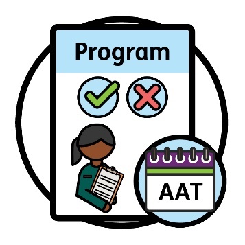 A Program document with a tick and cross. In the bottom corner is a calendar showing 'AAT'.