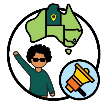 A person with their arm raised, above them is a map of Australia with the Northern Territory highlighted. Next to the person is a megaphone icon.
