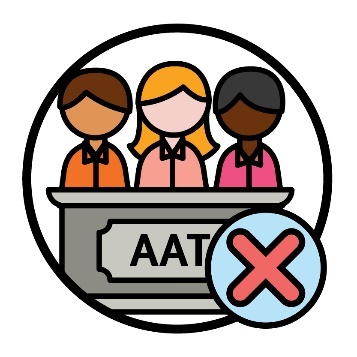 Three people standing behind a panel showing the letters 'AAT'. There is a cross in front of the platform on the right side.