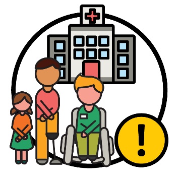 Three people in front of a hospital, one of them is in a wheelchair. Beside the people is a warning symbol.