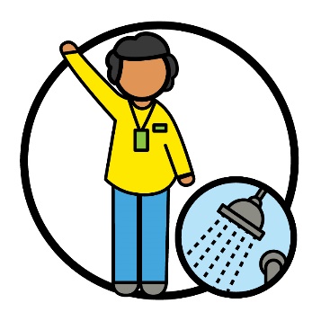 A support worker is standing with their arm raised. In the corner is a shower icon.