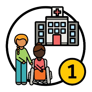 Two people in front of a hospital, one is in a wheelchair. There is a number 1 symbol in the corner.
