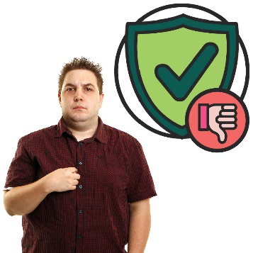 A man pointing to himself with a safety icon and a thumbs down icon.